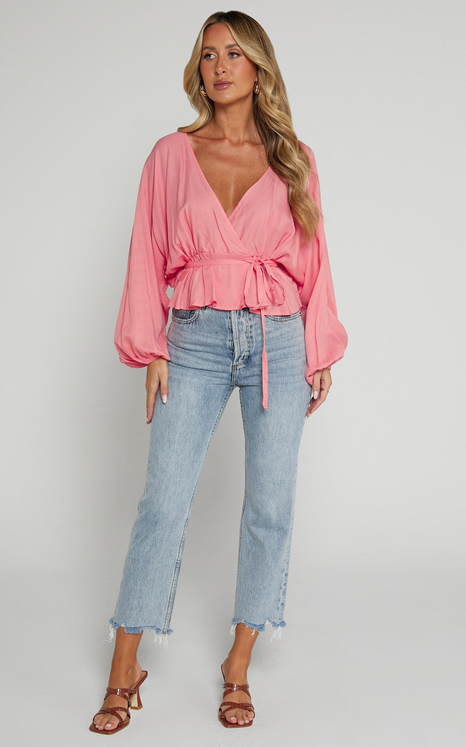 Selena Top - Linen Look V Neck Wrap Long Blouson Sleeve in Peach Product Image