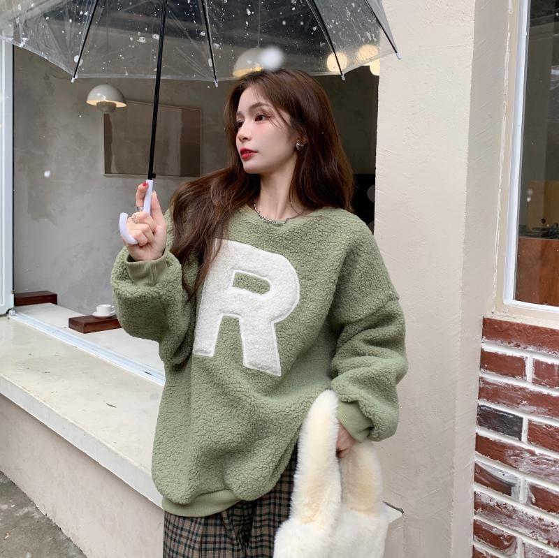 Long Sleeve Lettering Print Wool Loose-Fit Pullover Product Image