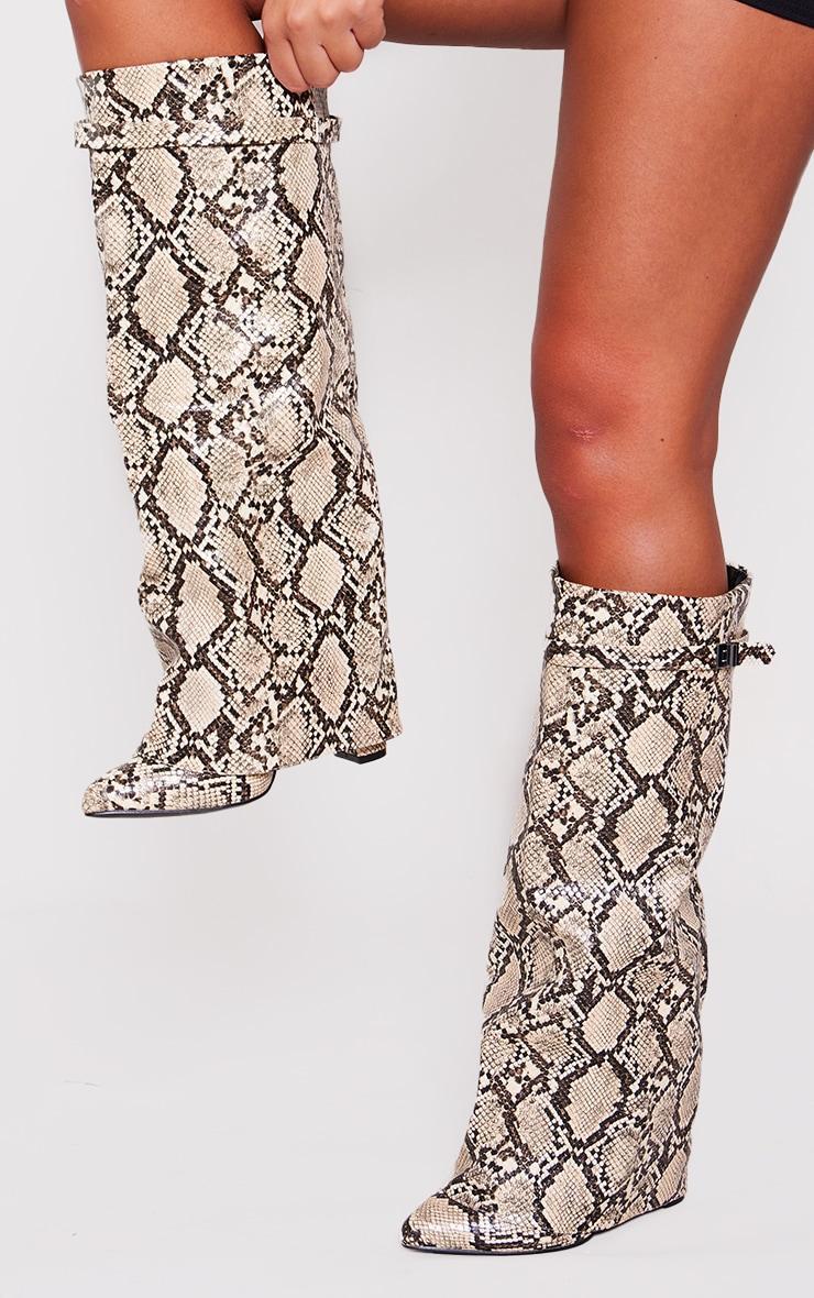 Snake Print PU Fold Over Knee Block Heeled Boots Product Image