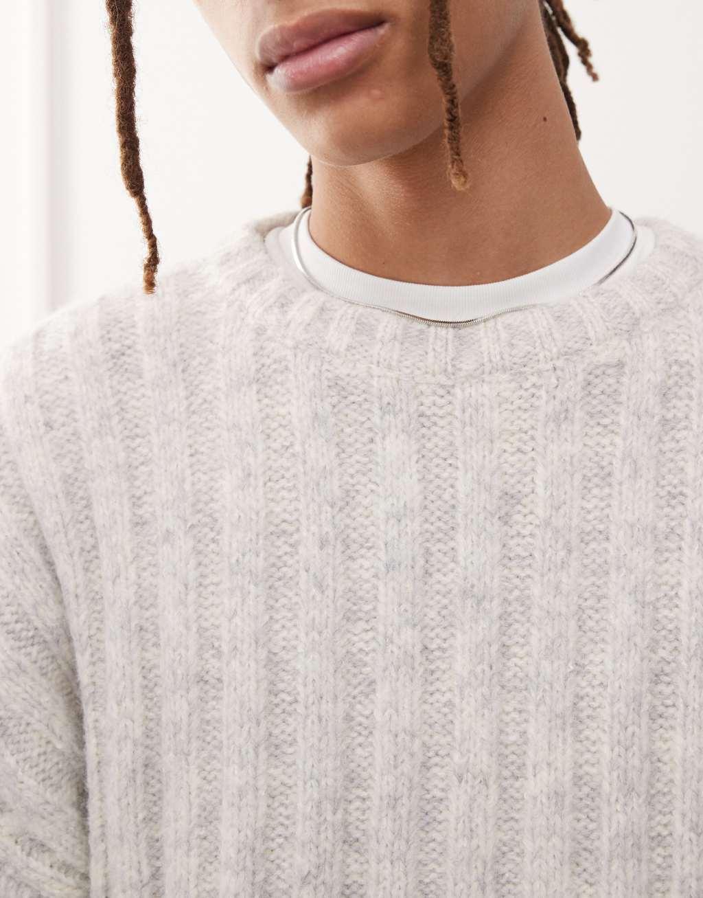 Weekday Connor wool blend slightly cropped rib sweater in light gray Product Image