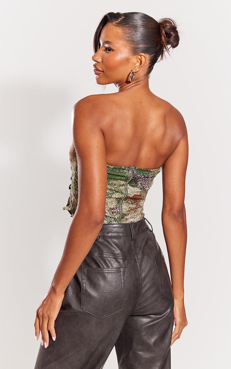 Khaki Printed Lace Up Side Bandeau Crop Top Product Image