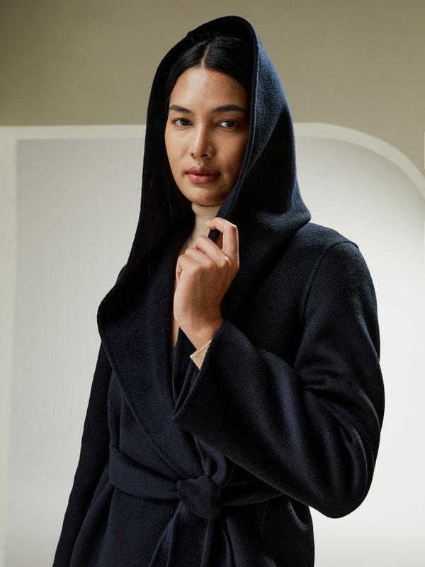 Cashmere-Wool-Blend Belted Short Hooded Coat Product Image