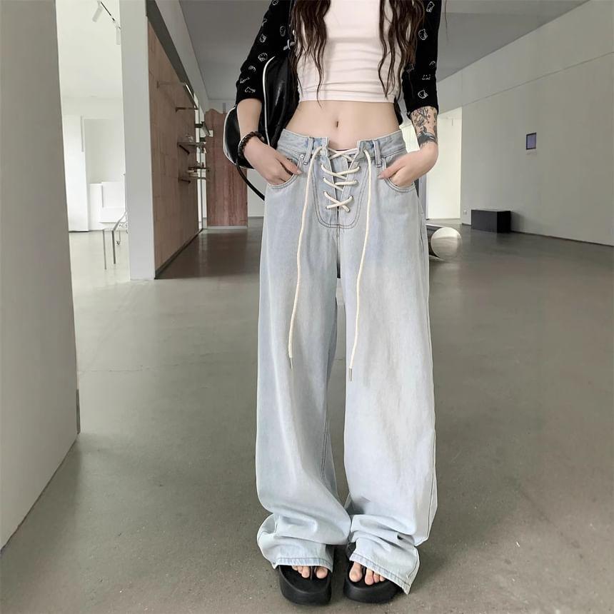 High Rise Lace-Up Washed Loose-Fit Wide-Leg Jeans Product Image