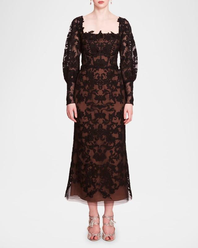 Blouson-Sleeve Lace and Applique Maxi Dress Product Image