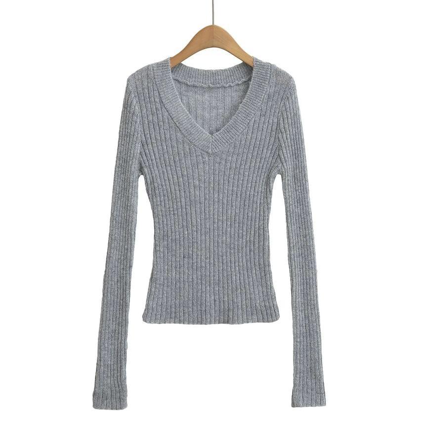 V-Neck Plain Ribbed Knitted Sweater Product Image