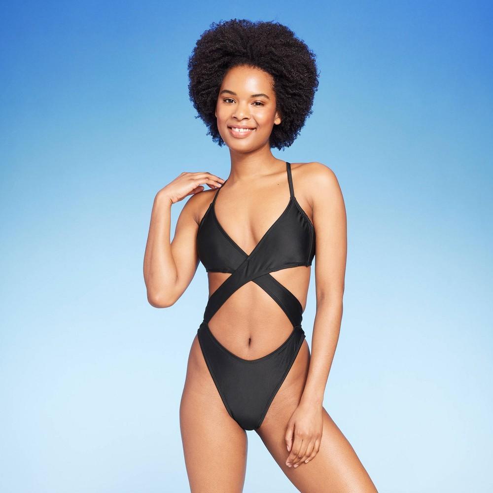 Womens Cross Front Cut Out Extra Cheeky One Piece Swimsuit - Wild Fable Black XL Product Image