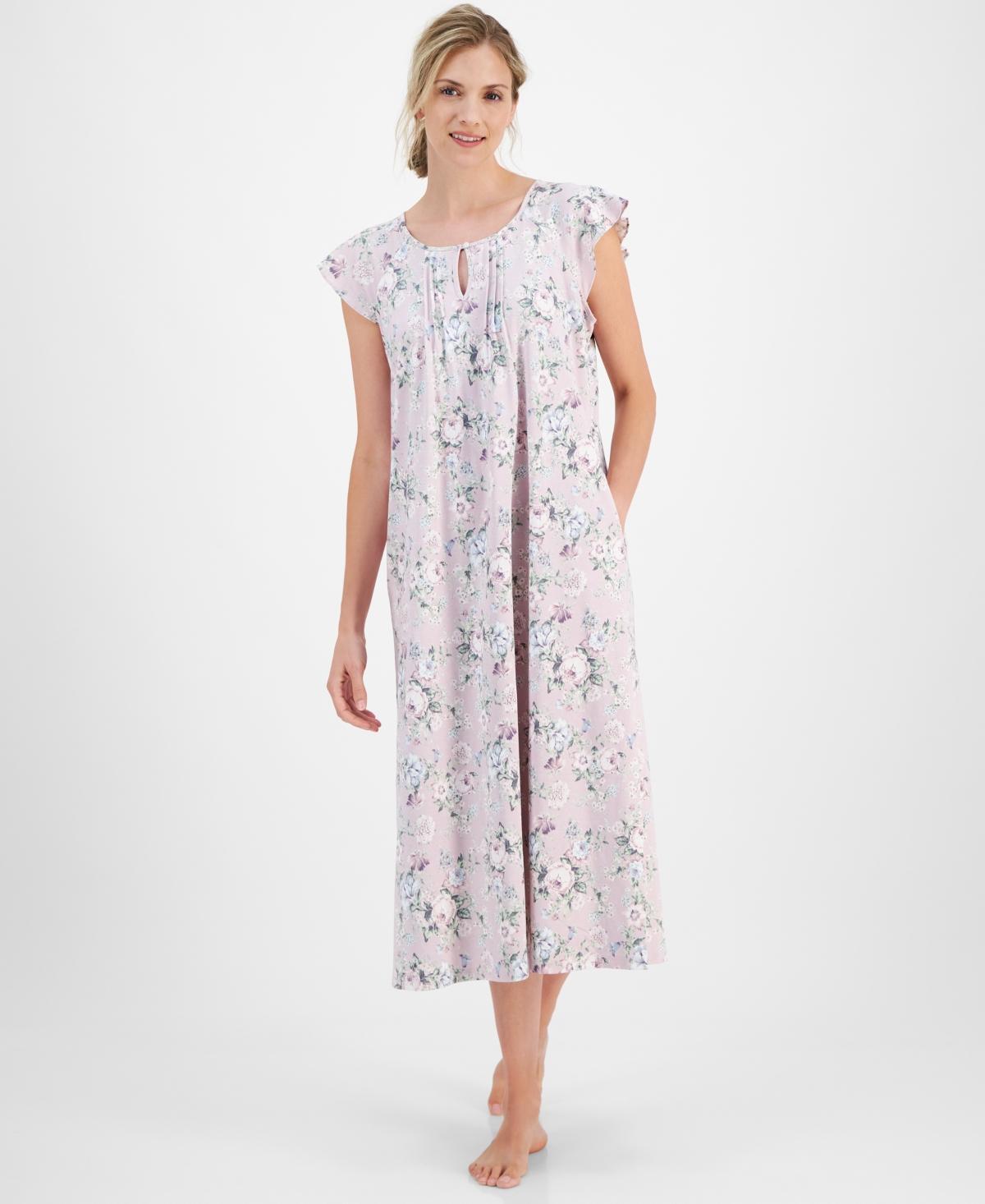 Charter Club Womens Cotton Floral Flutter-Sleeve Keyhole Nightgown, Created for Macys Product Image