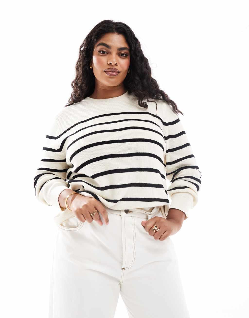 Mango curve striped lightweight sweater in white Product Image