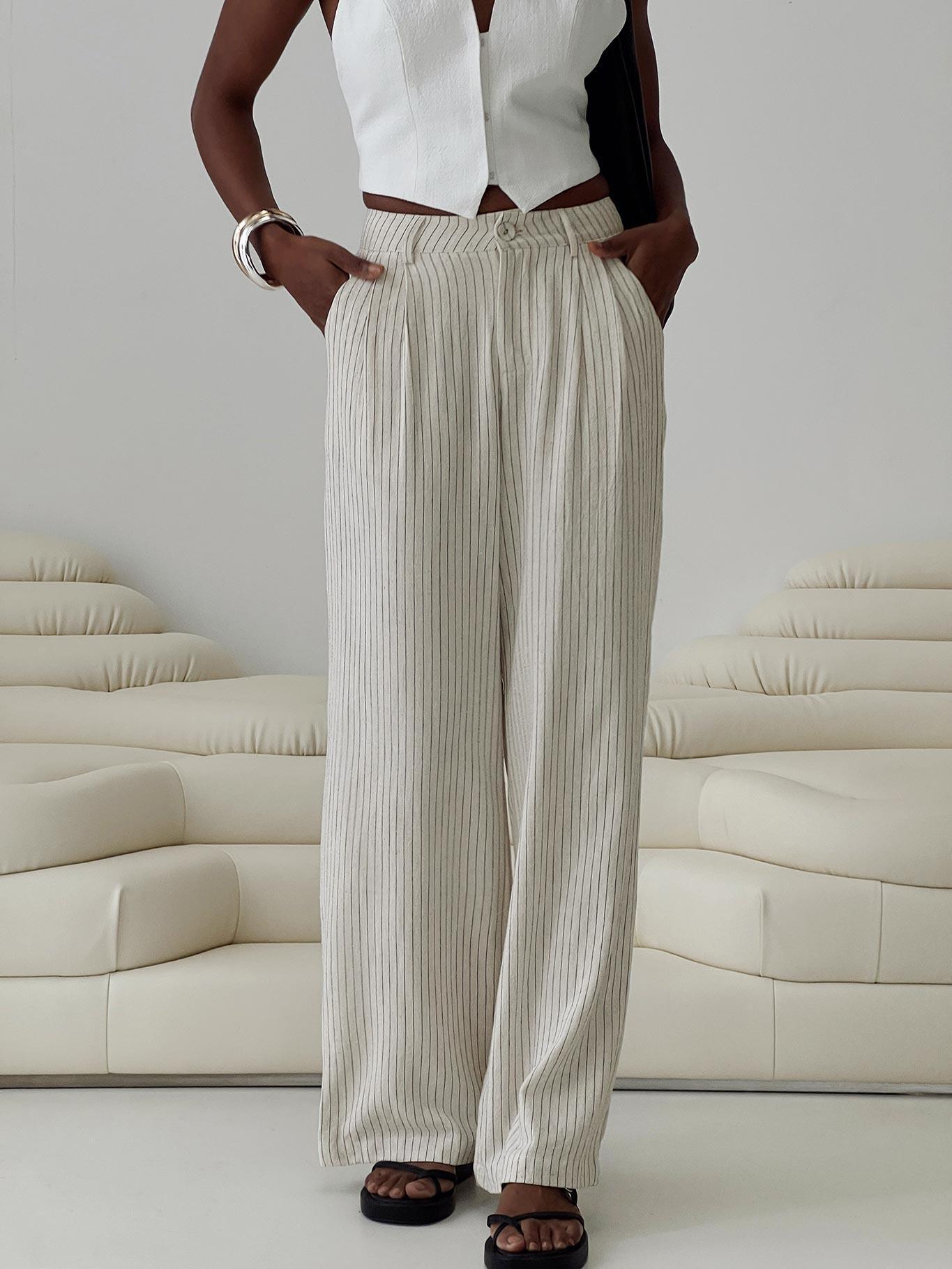 Hayze Linen Pant Beige Pinstripe Product Image