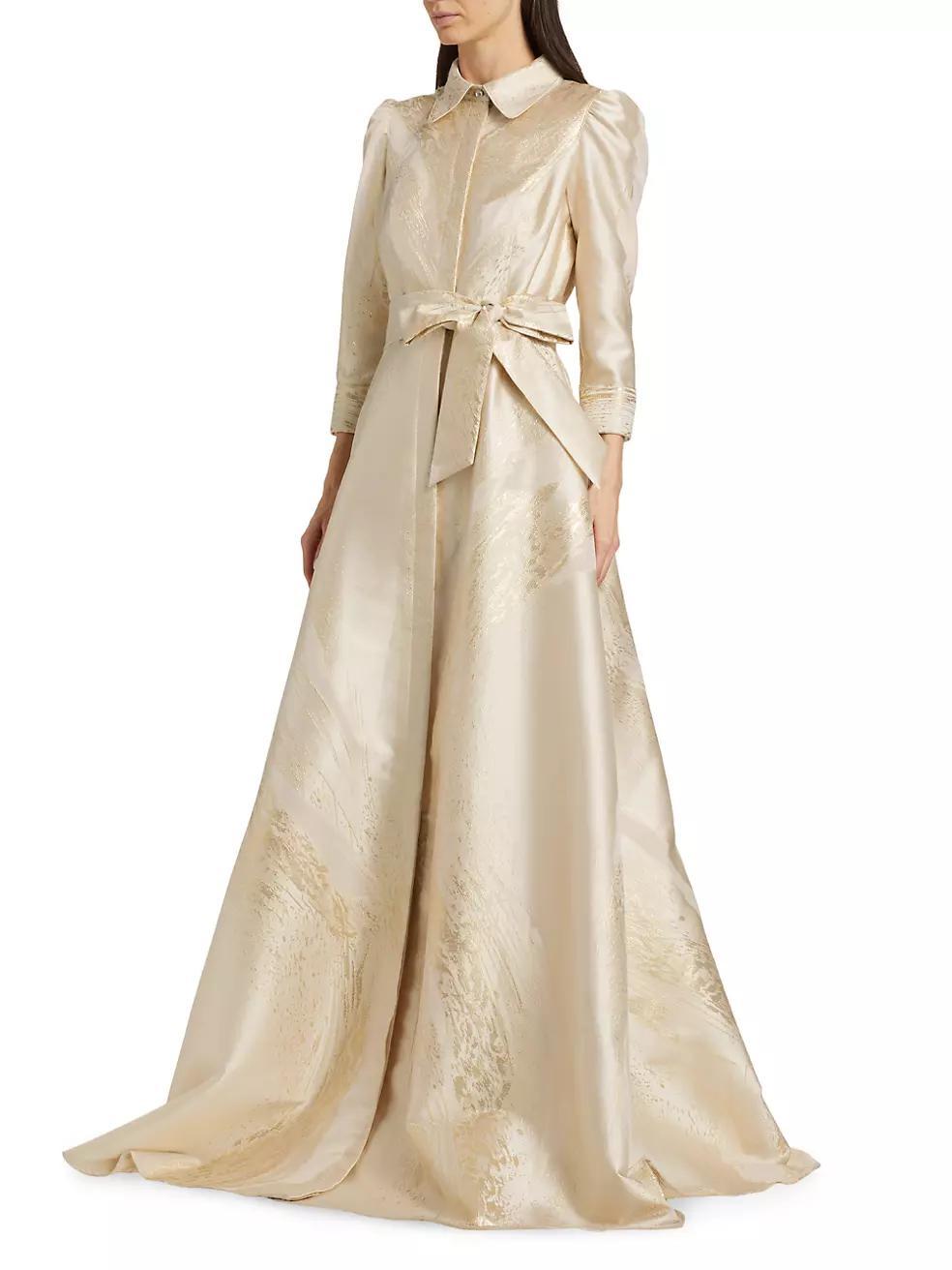 Belted Metallic Jacquard Gown Product Image