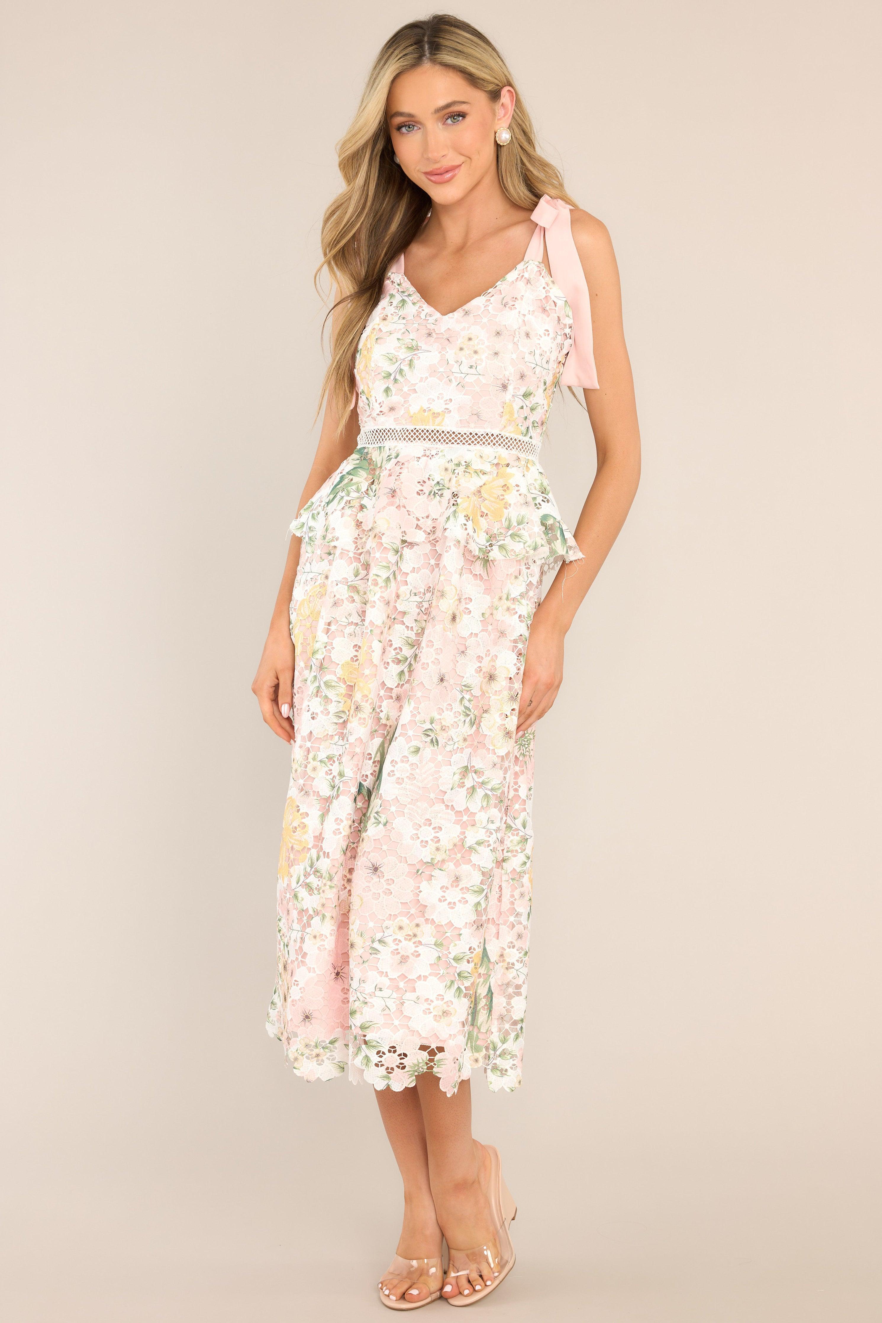 Remembering Spring Peach Lace Floral Midi Dress Product Image