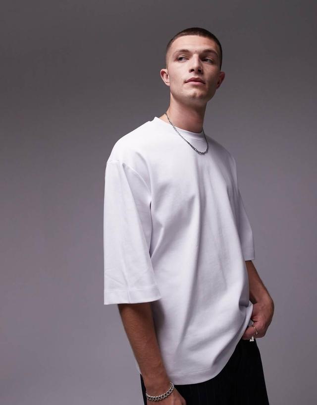 Topman premium heavyweight oversized fit mid sleeve T-shirt 370gsm in white Product Image