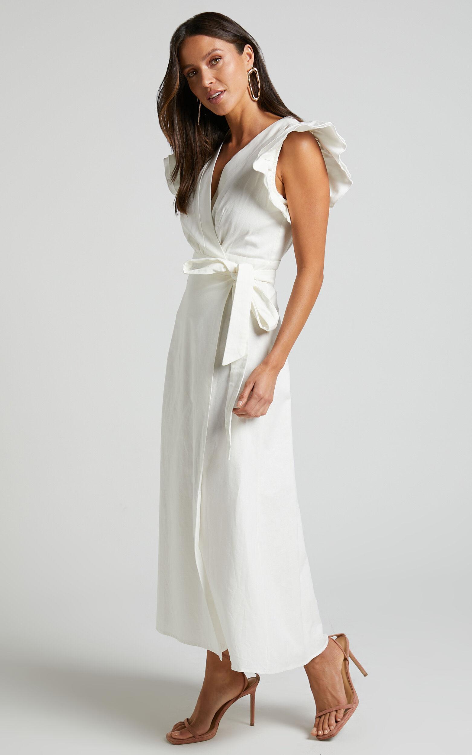 Amalie The Label - Palmer Linen Blend Frill Sleeve Wrap Dress in White Product Image