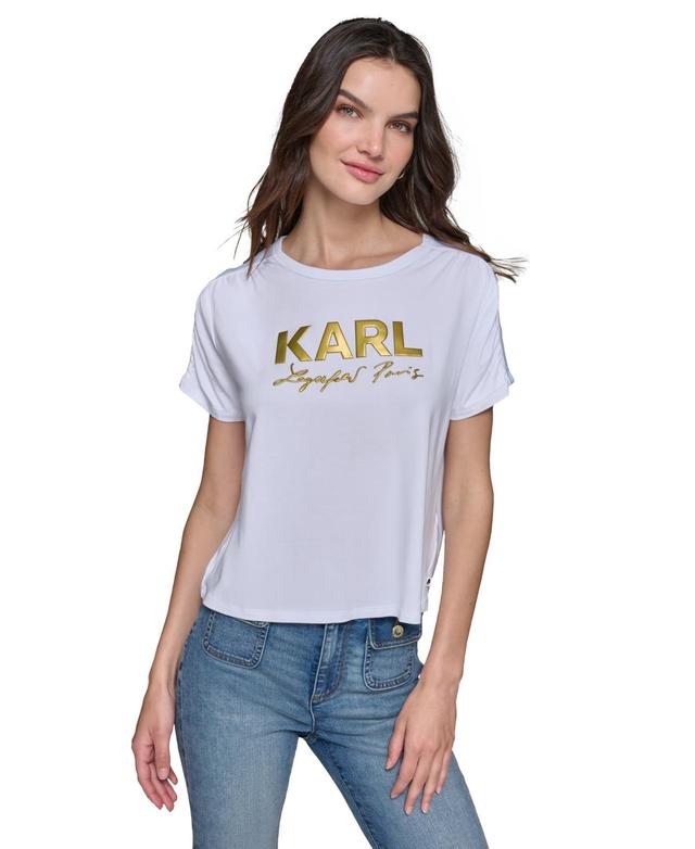 Karl Lagerfeld Paris Womens Metallic-Logo Ruched-Sleeve T-Shirt Product Image