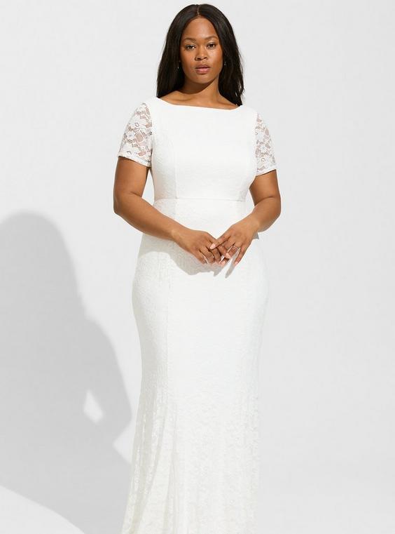 Ivory Lace Short Sleeve Fit & Flare Wedding Dress Product Image