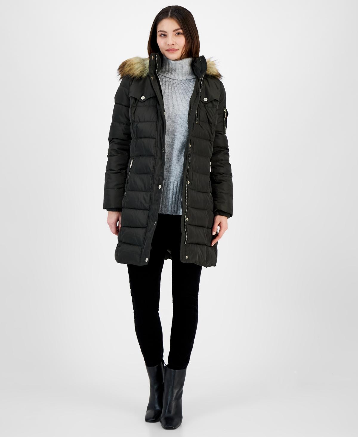 Michael Michael Kors Womens Petite Faux-Fur-Trim Hooded Puffer Coat, Created for Macys Product Image