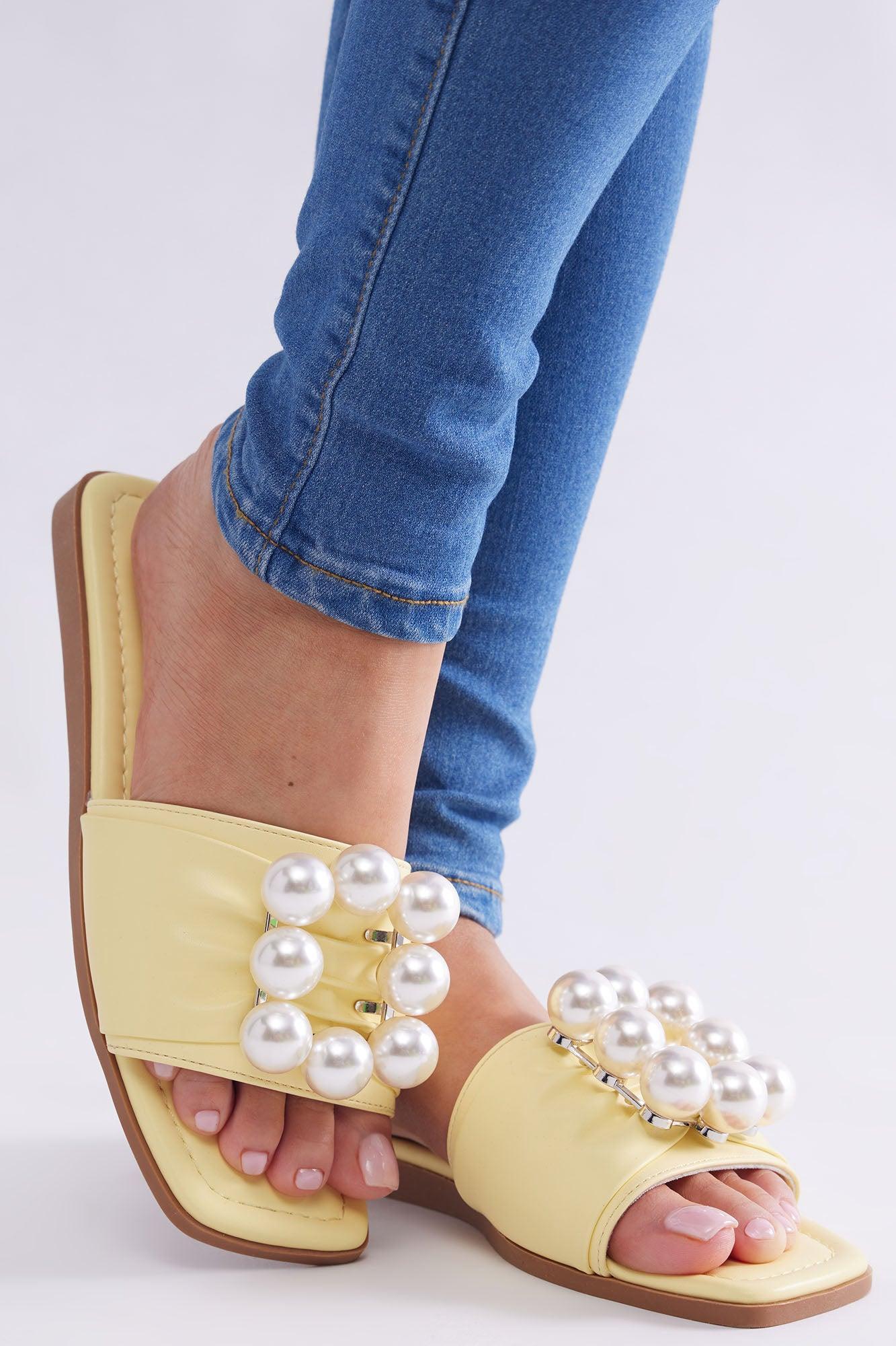 Pretty Pearls Flat Sandals - Yellow Product Image