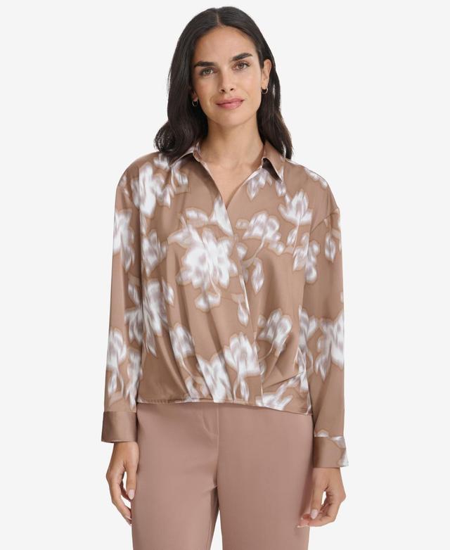 Calvin Klein Womens Printed Faux-Wrap Collared Top Product Image