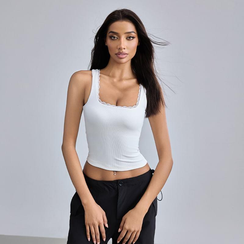 Square Neck Plain Lace Trim Tank Top Product Image