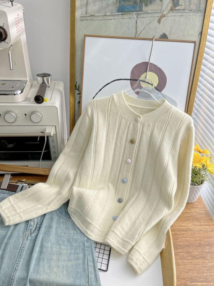 Crew Neck Plain Button-Up Cardigan Product Image