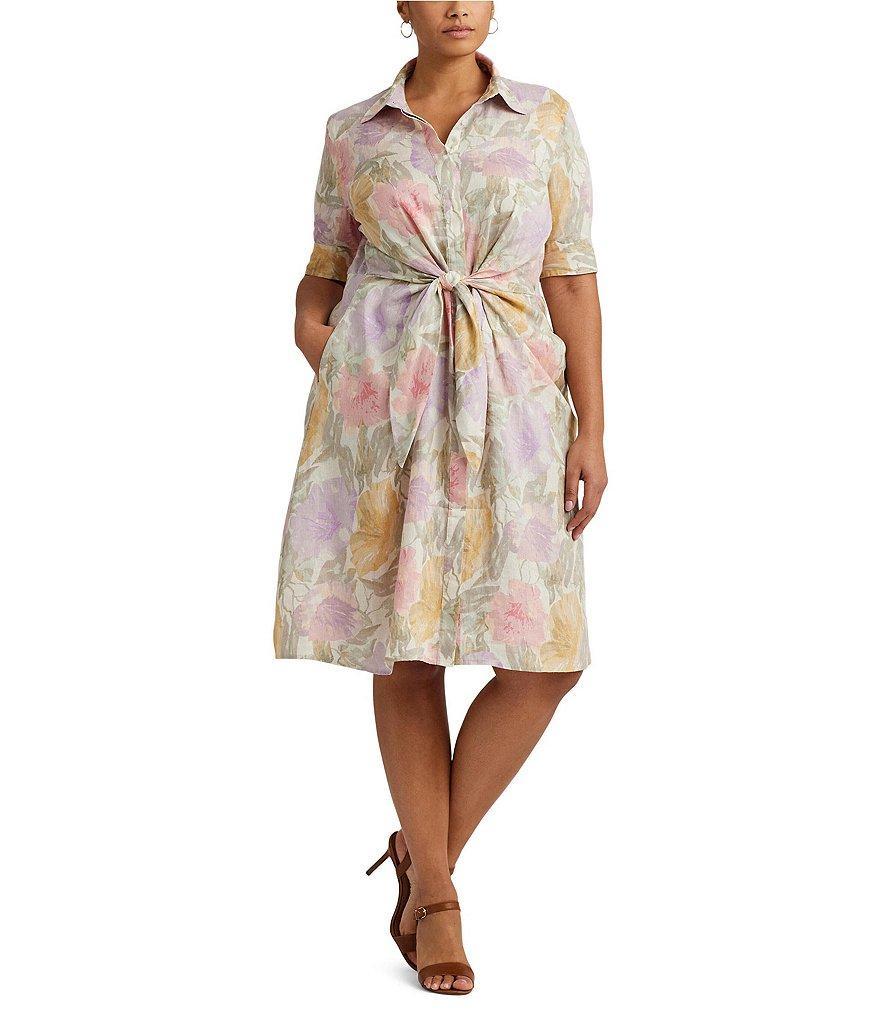 Lauren Ralph Lauren Plus Size Wakana Floral Tie Front Linen Midi Dress Product Image