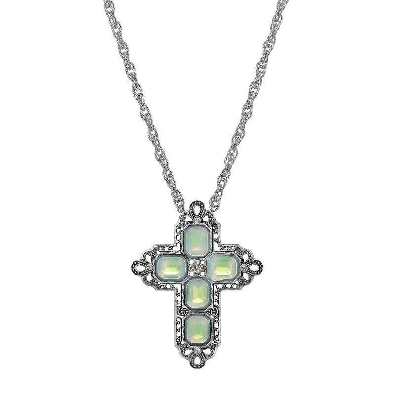 1928 Silver Tone Rectangle Simulated Crystal Cross Chain Necklace, Womens, Blue Product Image