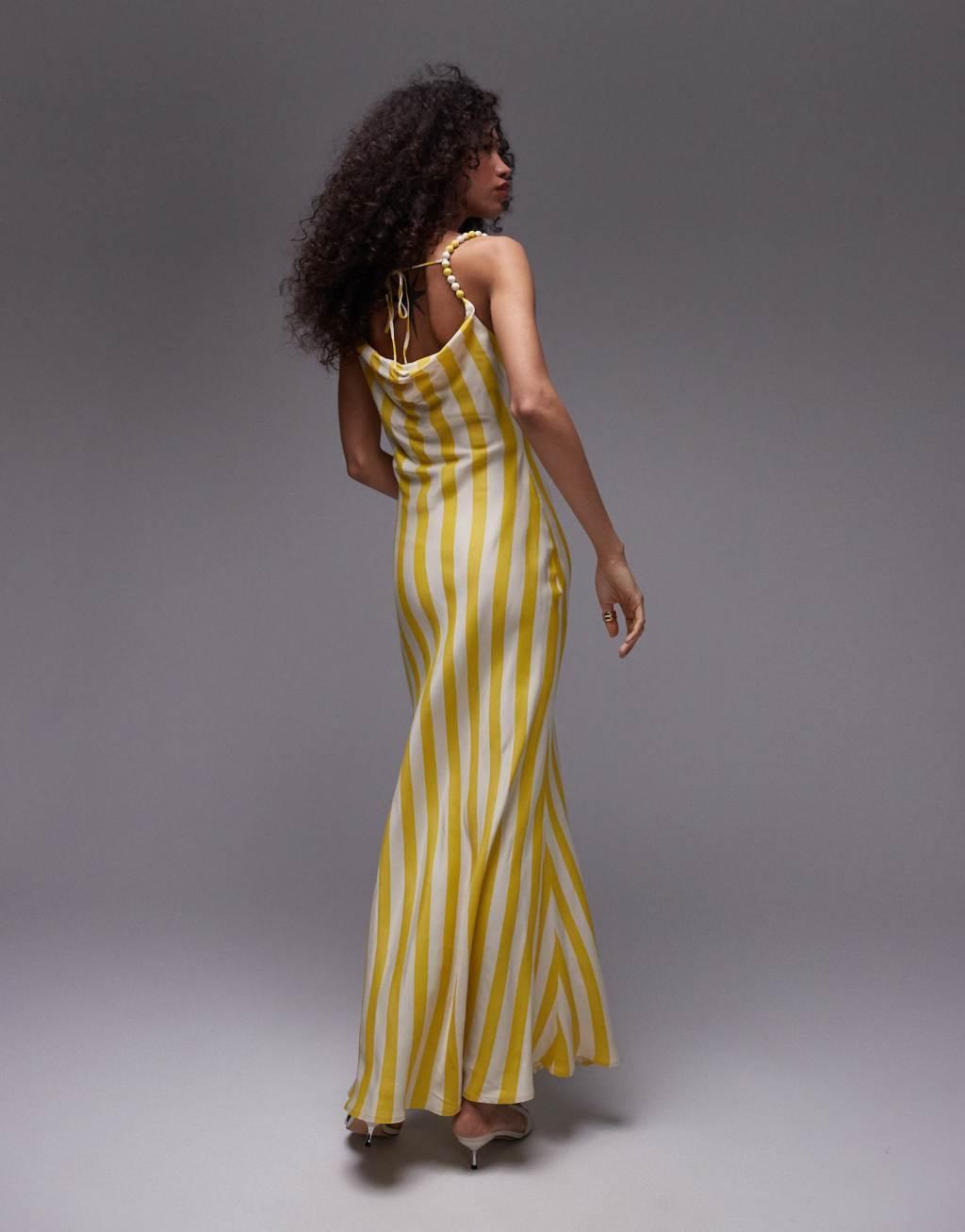 Topshop premium cami slip midi dress with beaded straps in yellow stripe print Product Image