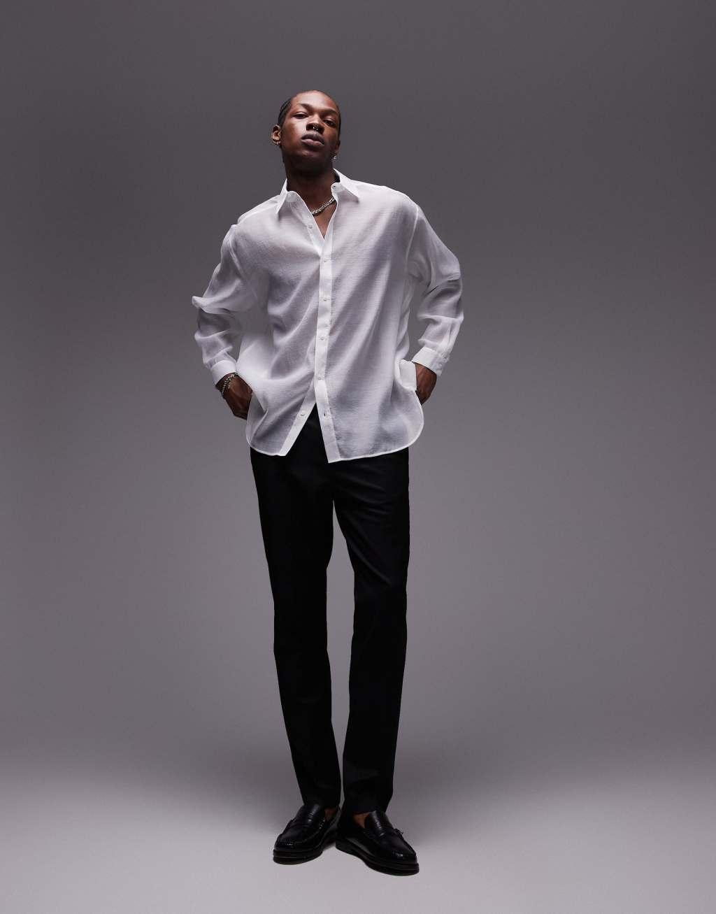 Topman long sleeve sheer shirt in white Product Image