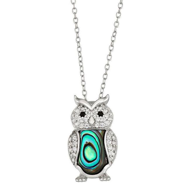 Sterling Silver Abalone & Cubic Zirconia Owl Pendant Necklace, Womens Green Product Image