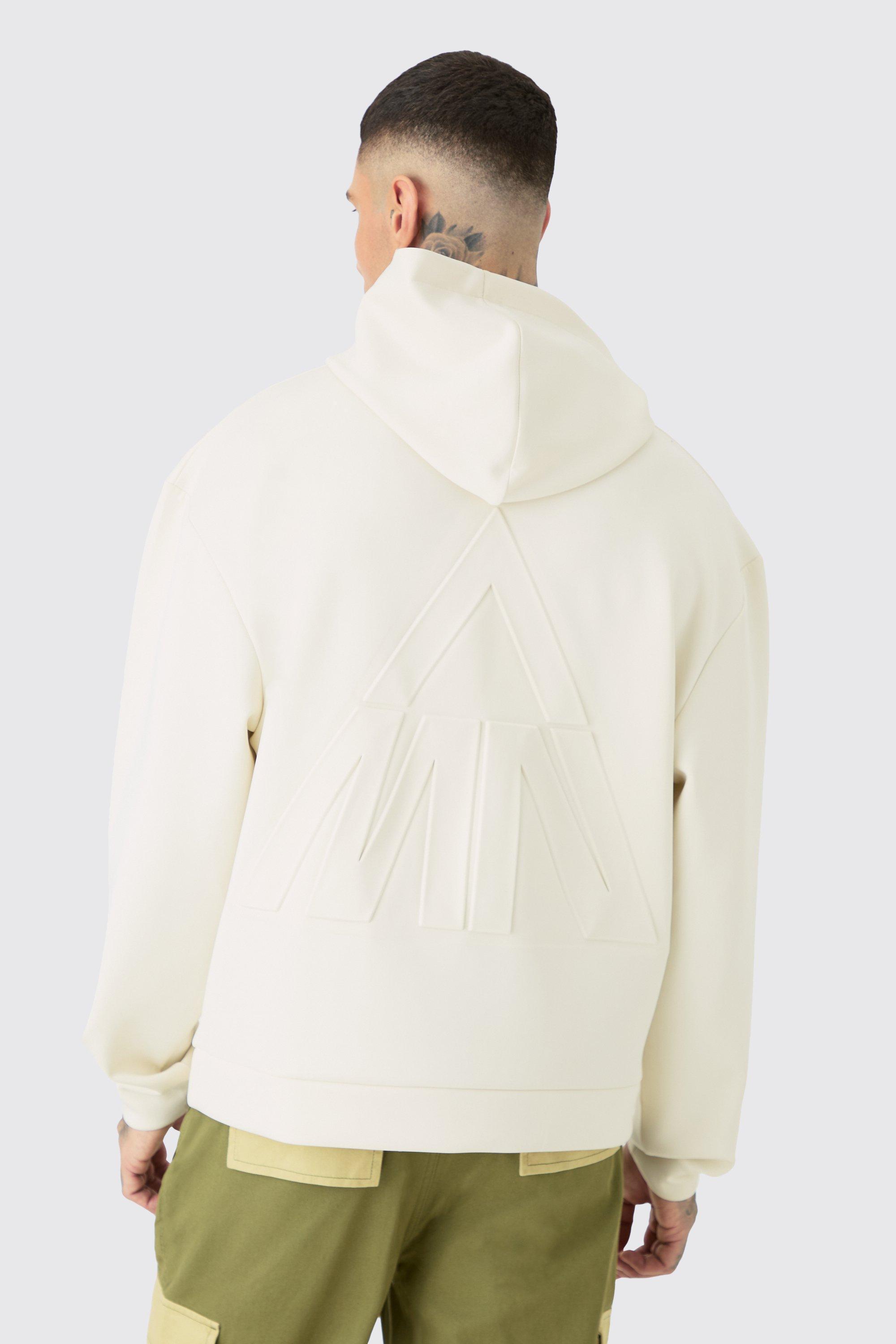 Mens Cream Tall Oversized Boxy Scuba Embossed Hoodie, Cream Product Image