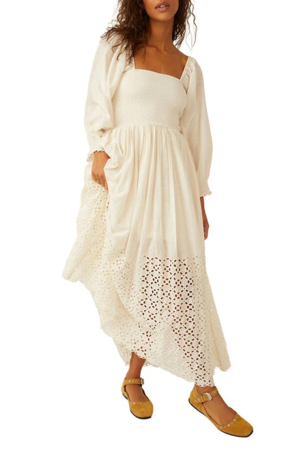 Perfect Storm Smocked Eyelet Long Sleeve Maxi Dress In Tea product image