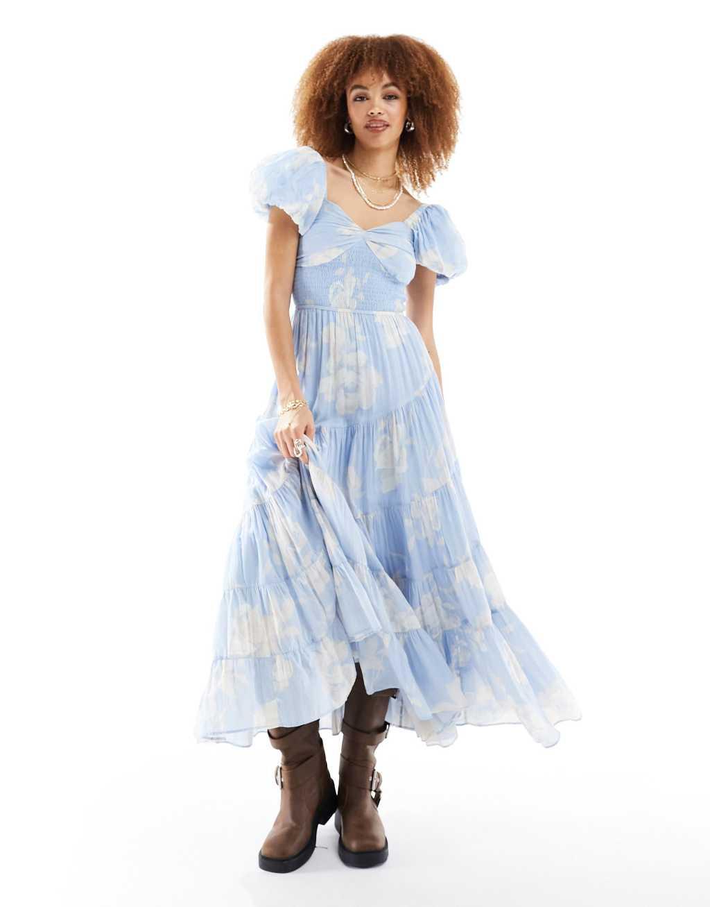 Free People textured floral puff sleeve midaxi dress in sky blue Product Image