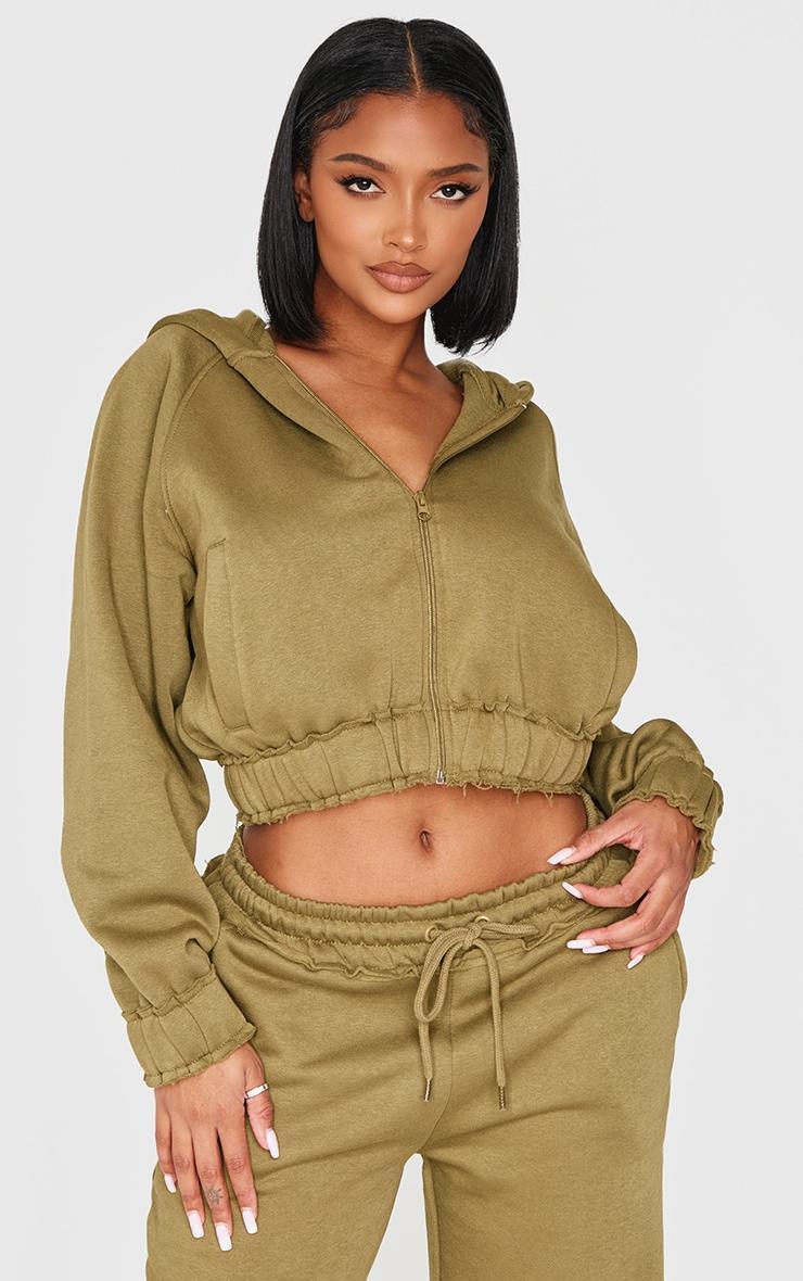 Shape Olive Distressed Elasticated Waistband Cropped Hoodie Product Image