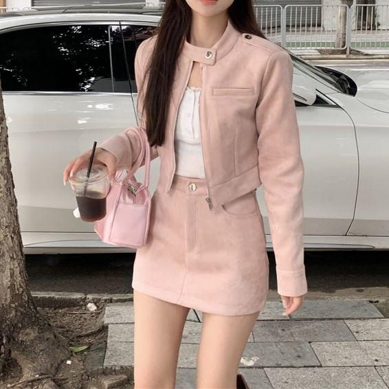 Stand Collar Plain Faux Suede Crop Zip Jacket / High Rise Mini Pencil Skirt Product Image