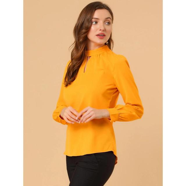 Allegra K Women's Office Keyhole Elegant Stand Collar Long Sleeve  Button Blouse Bright Yellow Medium Product Image