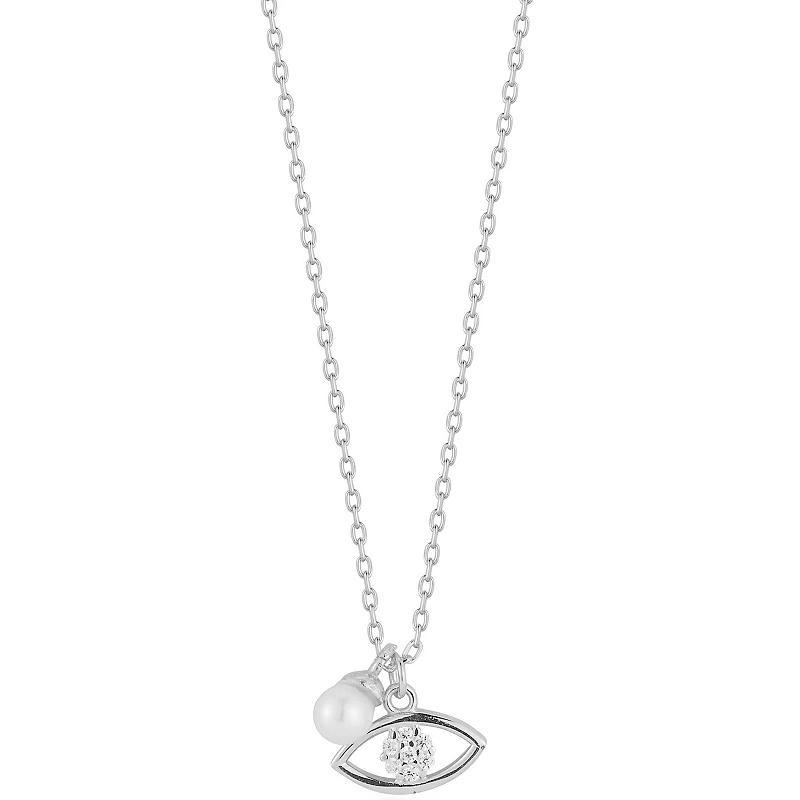 Sunkissed Sterling Freshwater Cultured Pearl & Cubic Zirconia Dainty Evil Eye Pendant Necklace, Womens Silver Tone Product Image