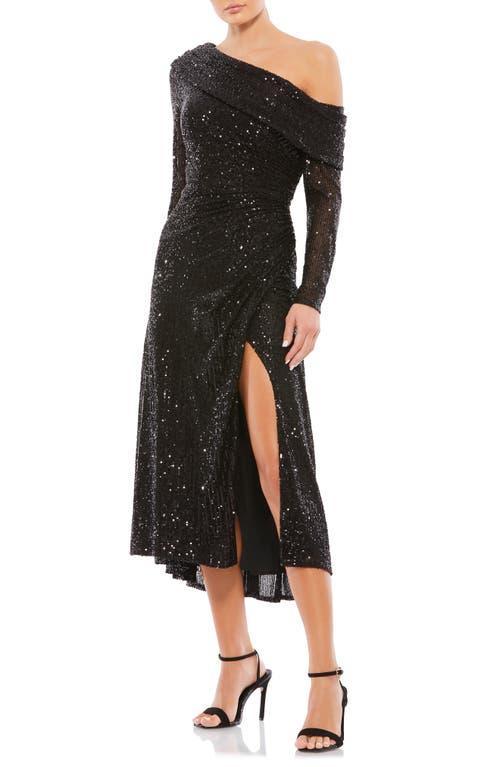 Mac Duggal Sequin One-Shoulder Long Sleeve Midi Dress Product Image