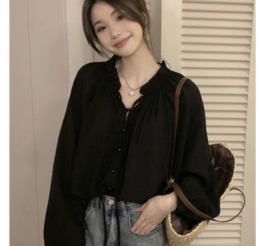 Long-Sleeve Tie-Neck Plain Frill Trim Button-Up Blouse Product Image