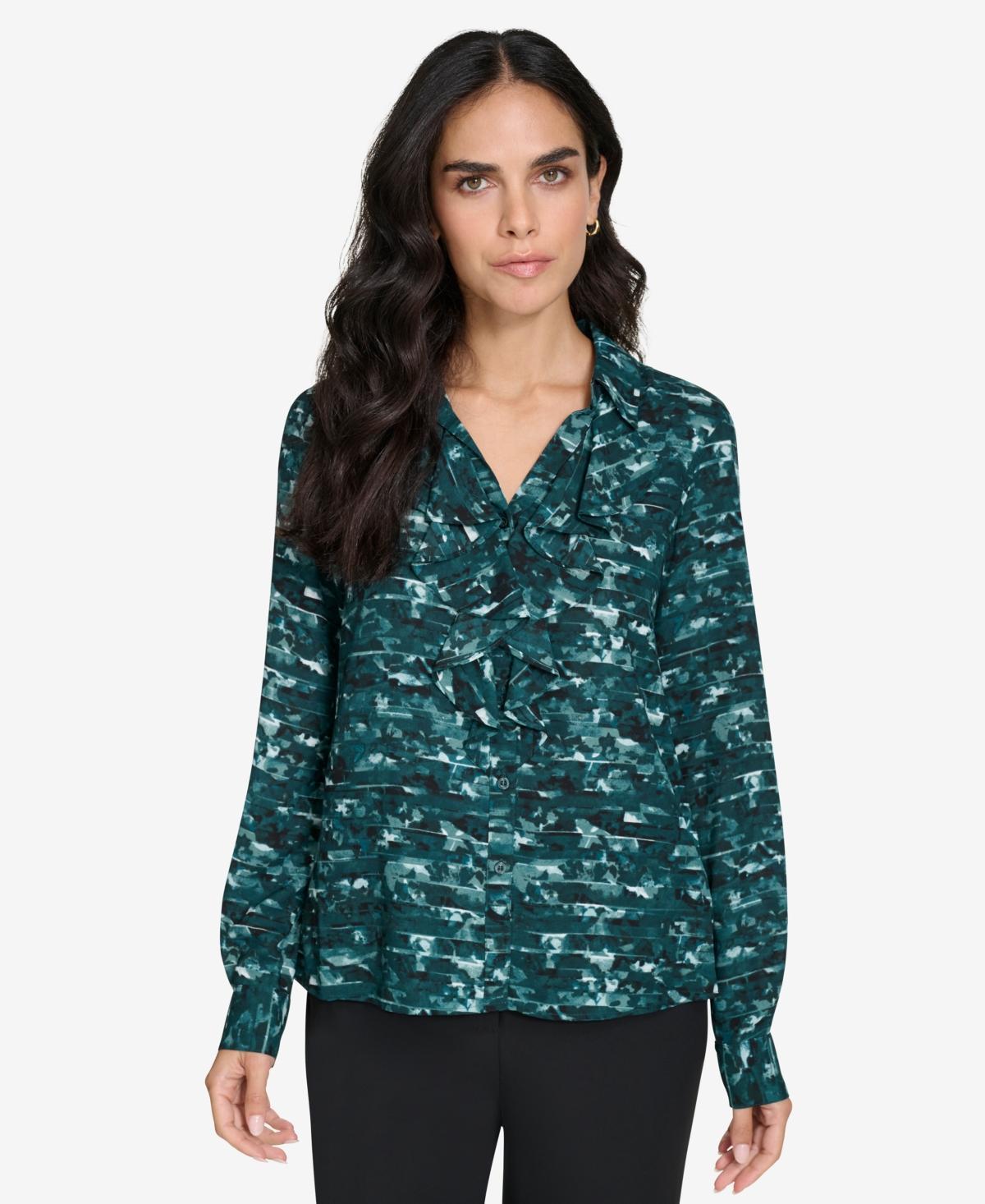 Calvin Klein Womens Printed Ruffle-Trim Button-Front Shirt Product Image