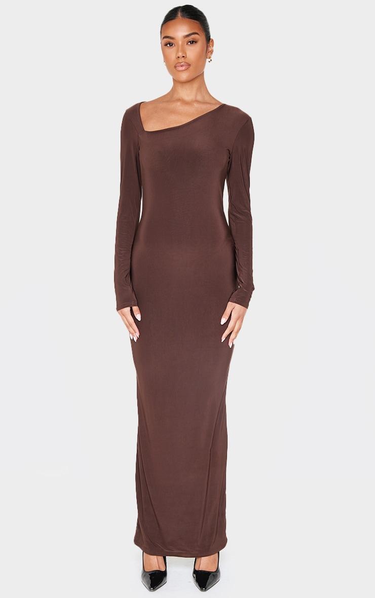 Chocolate Double Slinky Asymmetric Neck Line Long Sleeve Maxi Dress Product Image