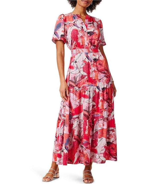 NIC + ZOE Scribble Bouquet Floral Print Daydream Satin Chiffon Split V-Neck Short Sleeve Tiered A-Line Maxi Dress Product Image