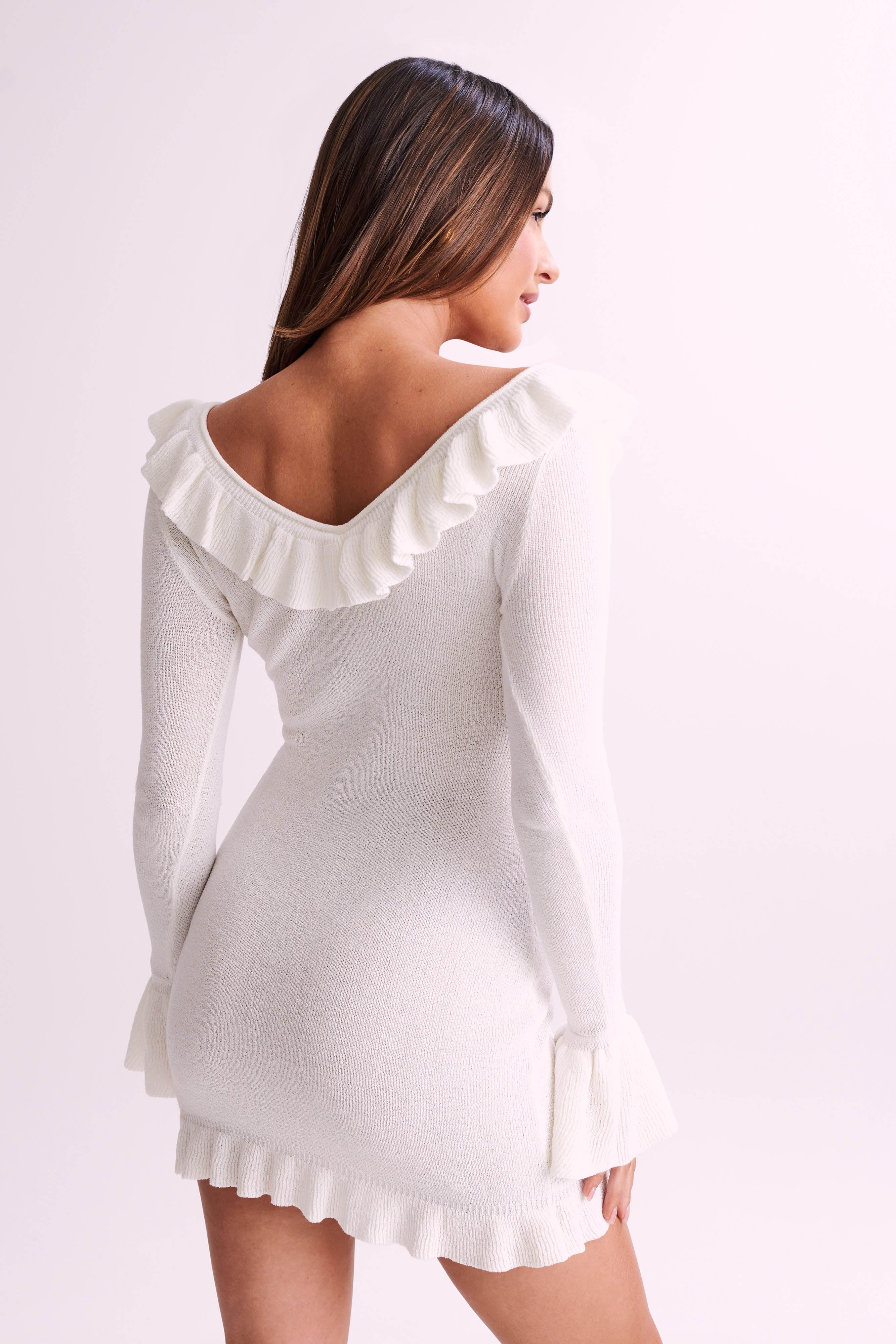 Karolina Knit Mini Dress With Frill - White Product Image