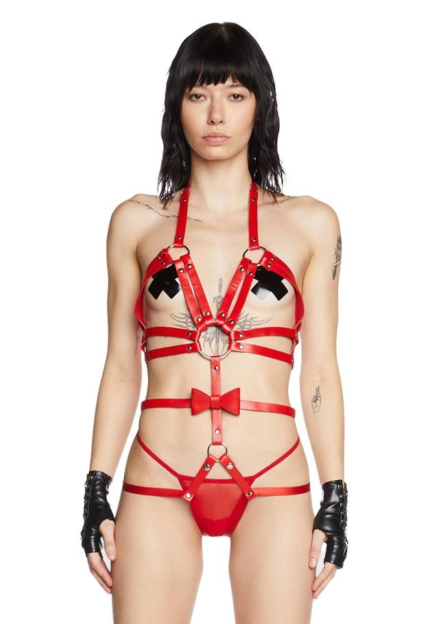 Studded Bow O Ring Vegan Leather Harness - Red Product Image