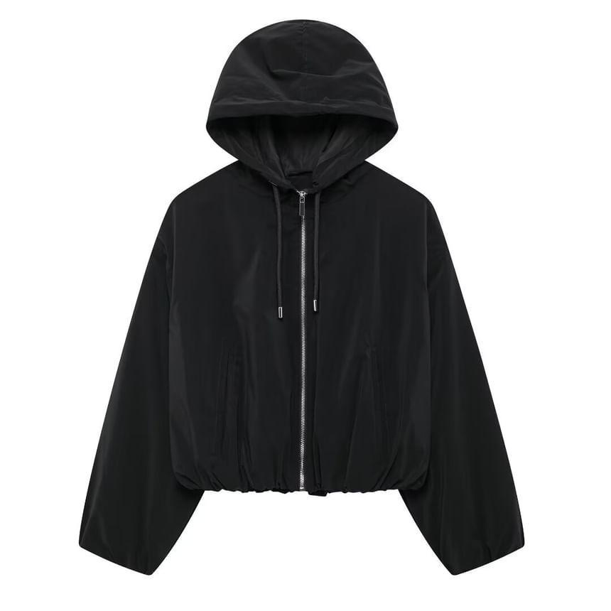 Hooded Plain Zip Up Jacket Product Image