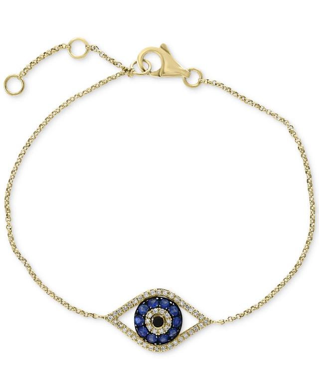 Womens 14K Yellow Gold, Blue Sapphire & 0.15 TCW Diamond Evil Eye Bracelet Product Image