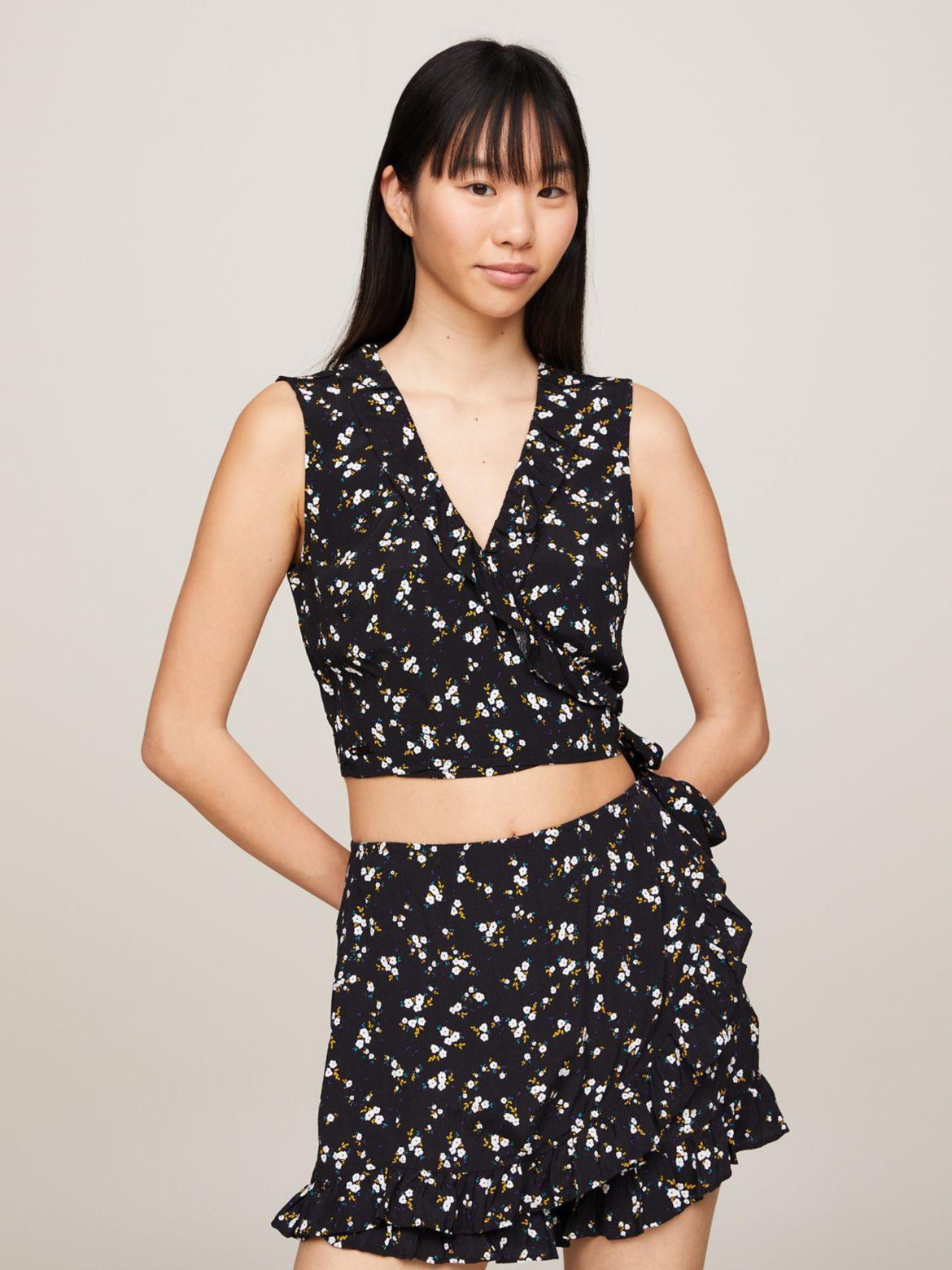 Tommy Jeans Womens Floral-Print Cropped Ruffled Top Product Image