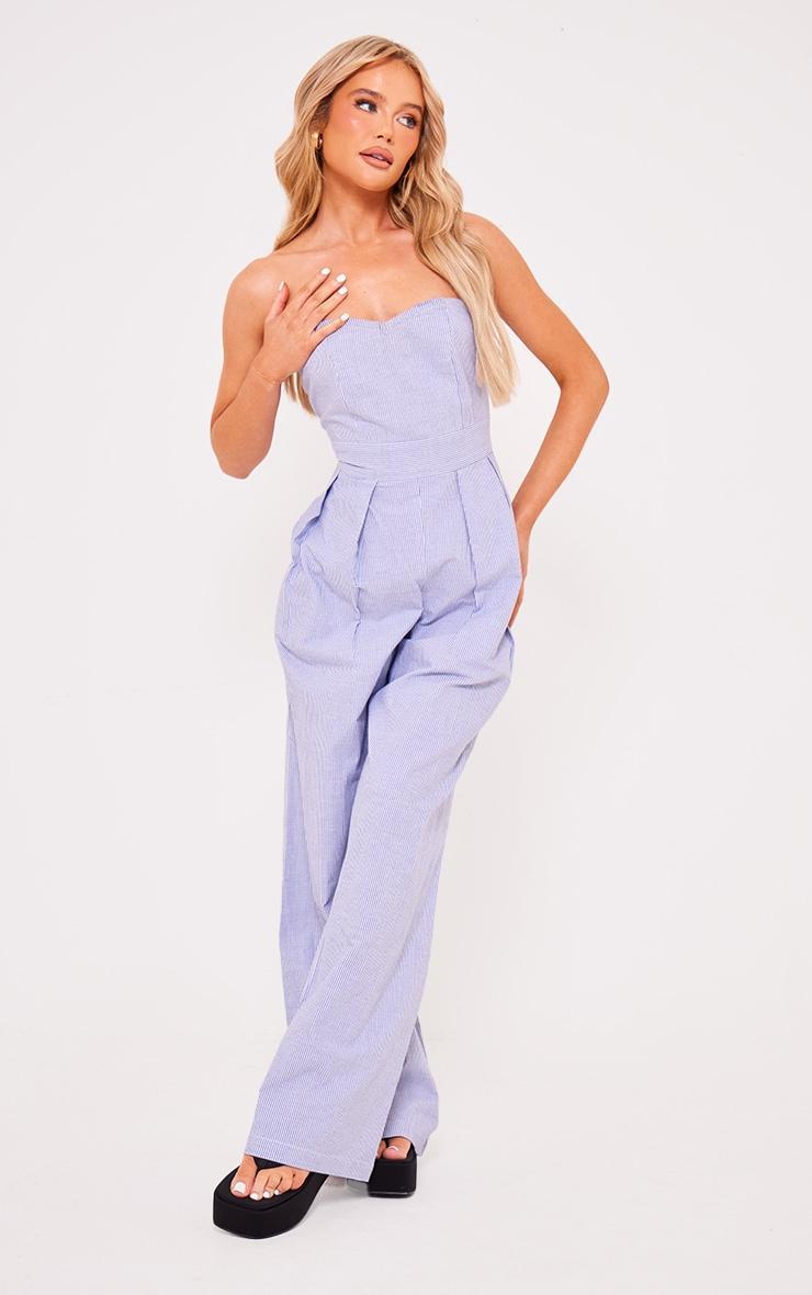 Blue Stripe Bandeau Cotton Pleated Detail Wide Leg Jumpsuit Product Image