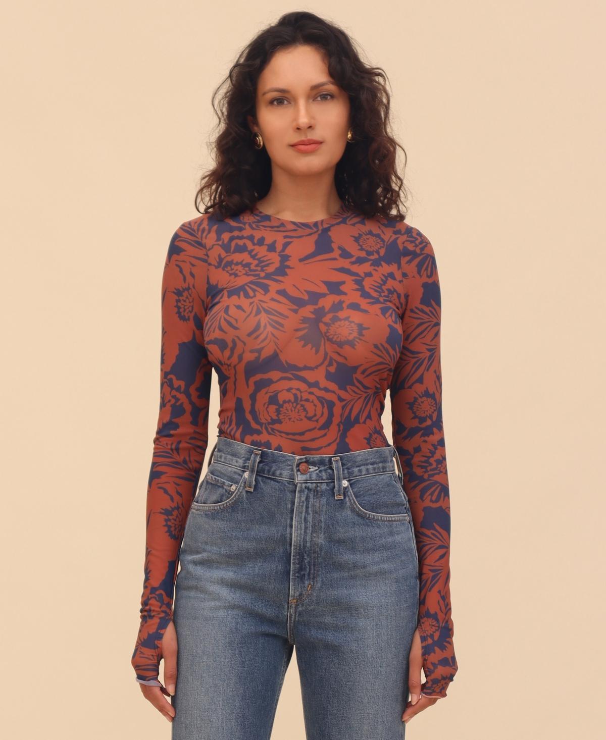 Avec Les Filles Womens Printed Mesh Long-Sleeve Top Product Image