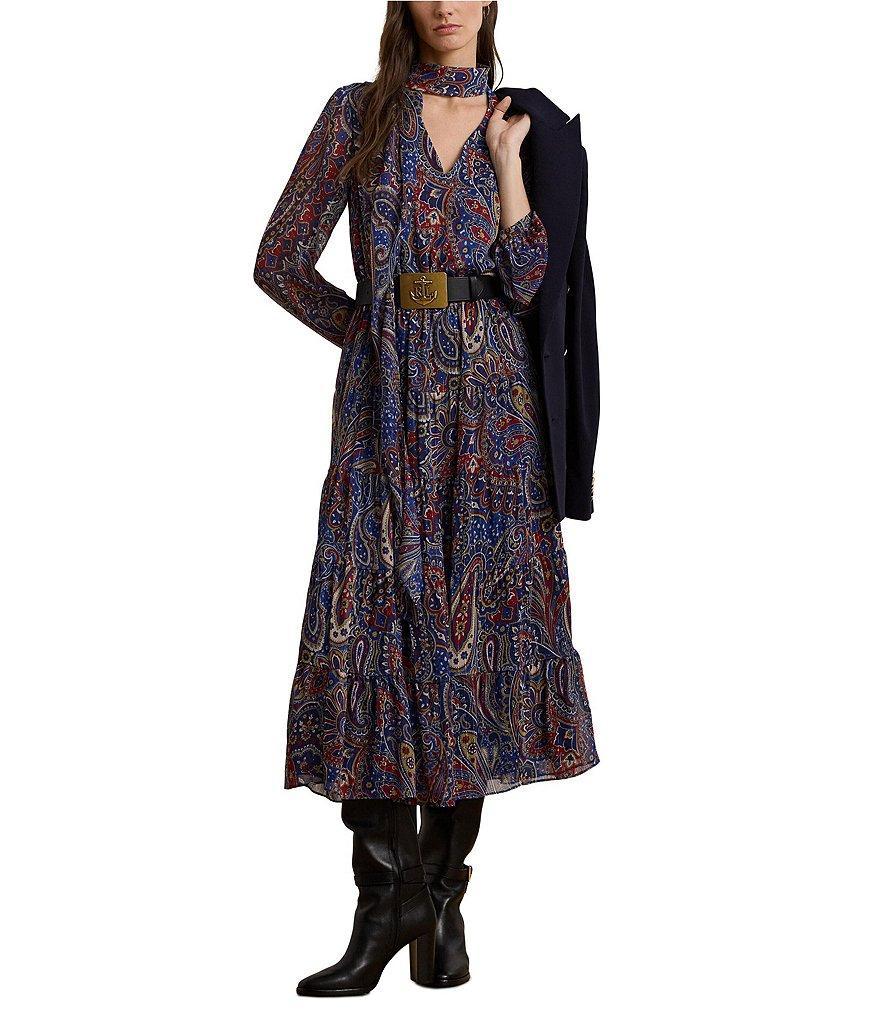 Lauren Ralph Lauren Chiffon Paisley Print V-Neck Long Blouson Sleeve Tiered A-Line Midi Dress Product Image