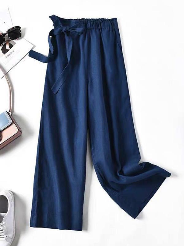 Simple Ramie Cotton Solid Color Loose Ninth Wide-Leg Pants Product Image